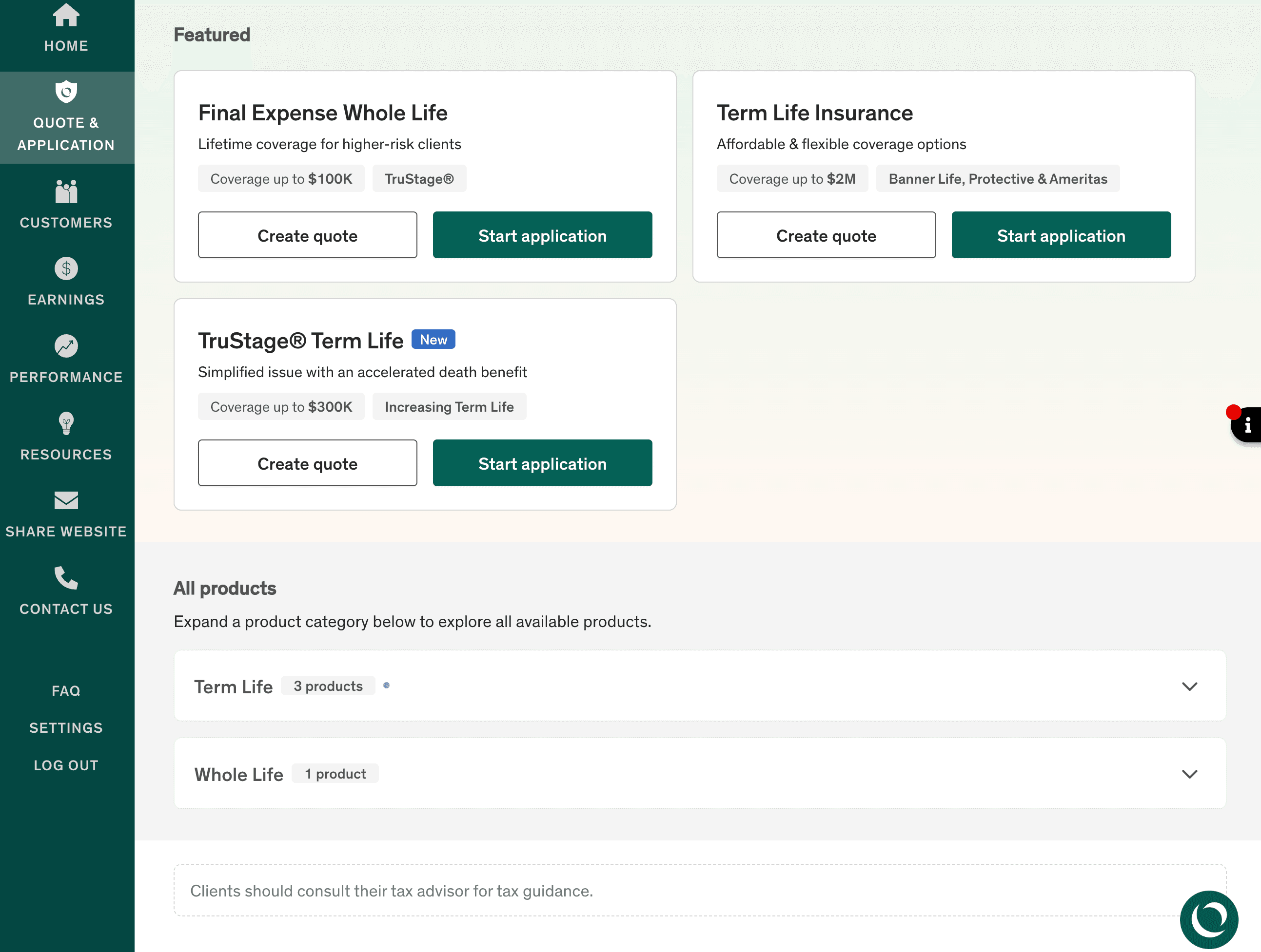 Ethos agent portal showing Final Expense, Term Life, and TruStage products with coverage limits and carrier names.