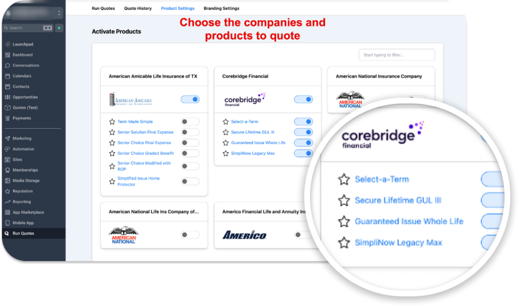 Quoteplicity carrier list inside GoHighLevel with product detail and rate comparison view.
