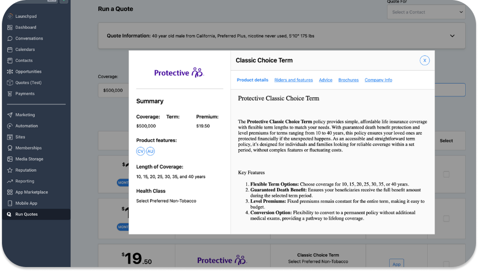 Quoteplicity carrier detail panel inside GoHighLevel showing product features, riders, and underwriting context.