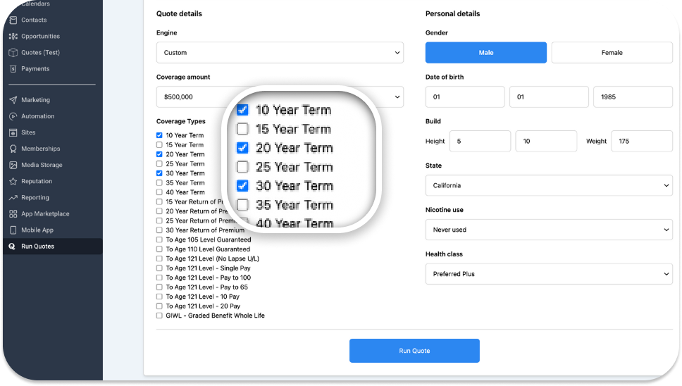 Quoteplicity custom comparison view inside GoHighLevel showing multiple term lengths and product types in a single shareable quote.