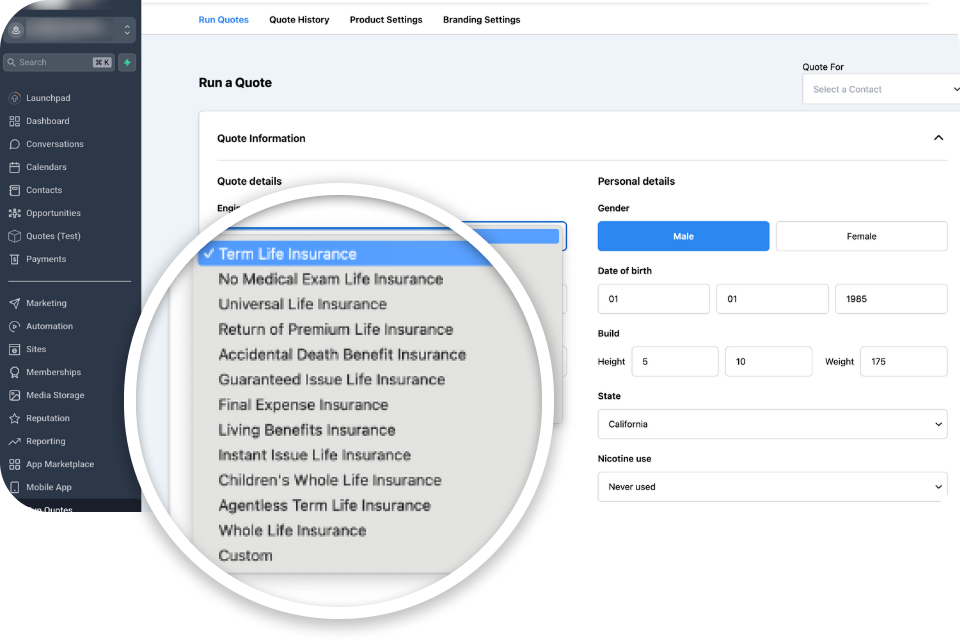 Quoteplicity engine-type selector inside GoHighLevel showing term, final expense, IUL, and other quote engines.