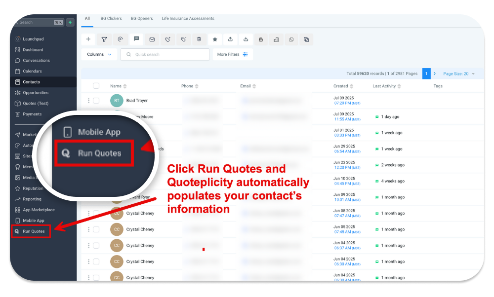 GoHighLevel navigation panel inside a Quoteplicity Pulse account, with the Quoteplicity quoter installed natively.