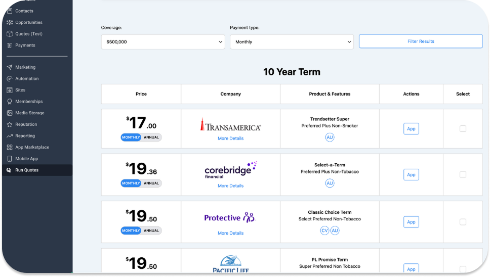 Pulse account showing live multi-carrier life insurance quote results inside the white-labeled GoHighLevel CRM.