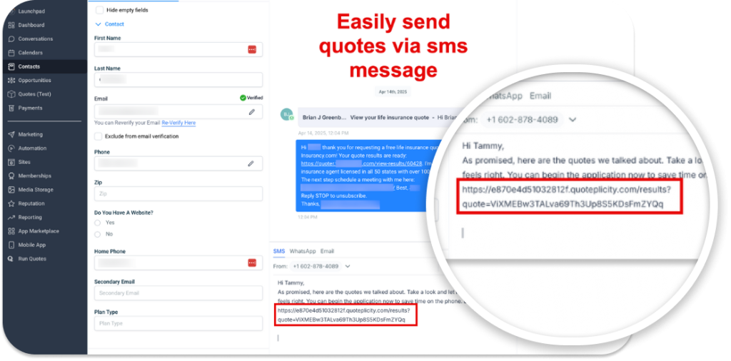 GoHighLevel SMS conversation containing a personalized Quoteplicity quote link sent to a client.