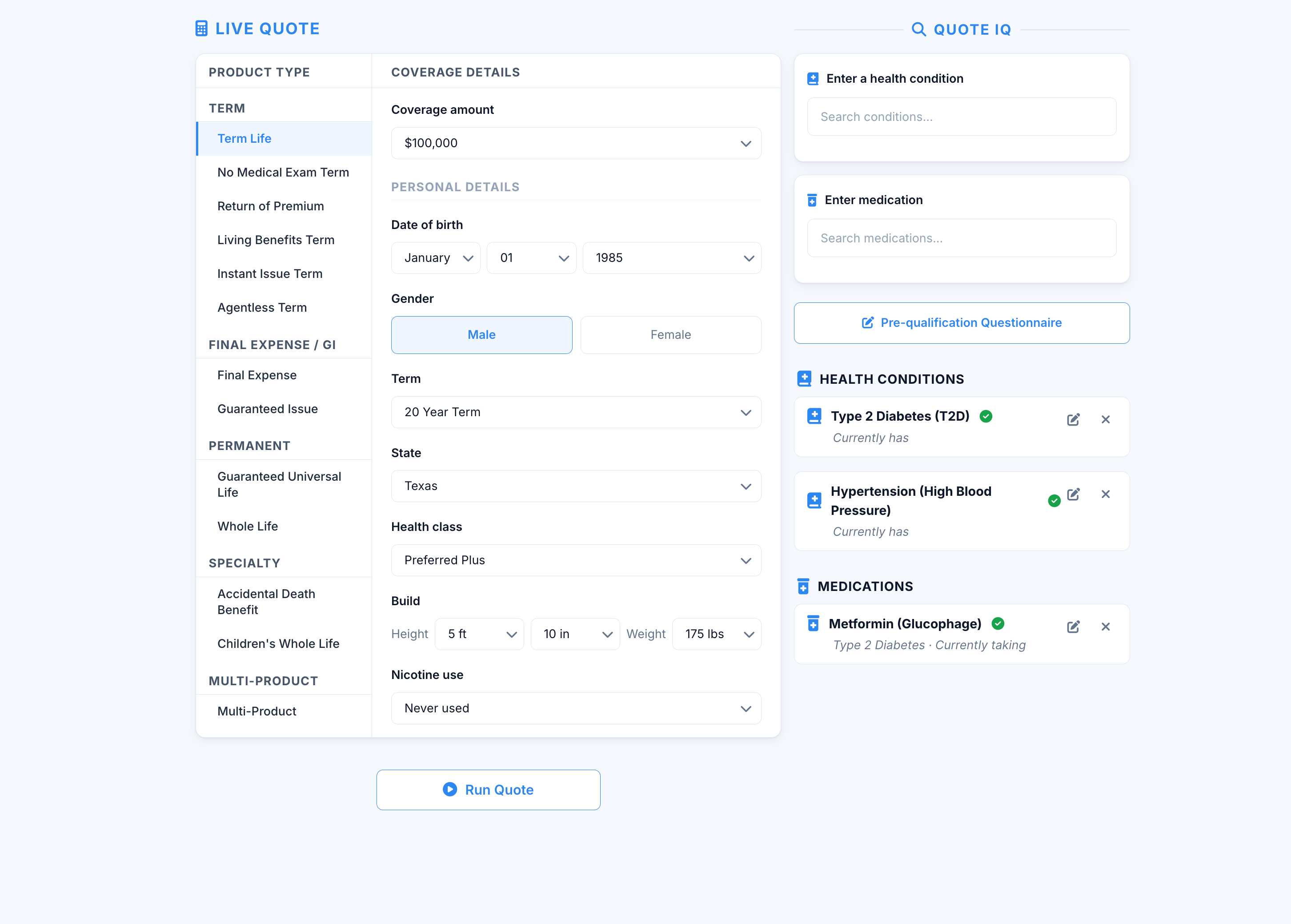 LiveQuote and QuoteIQ interface showing live multi-carrier quoting alongside real-time underwriting intelligence for health conditions and medications