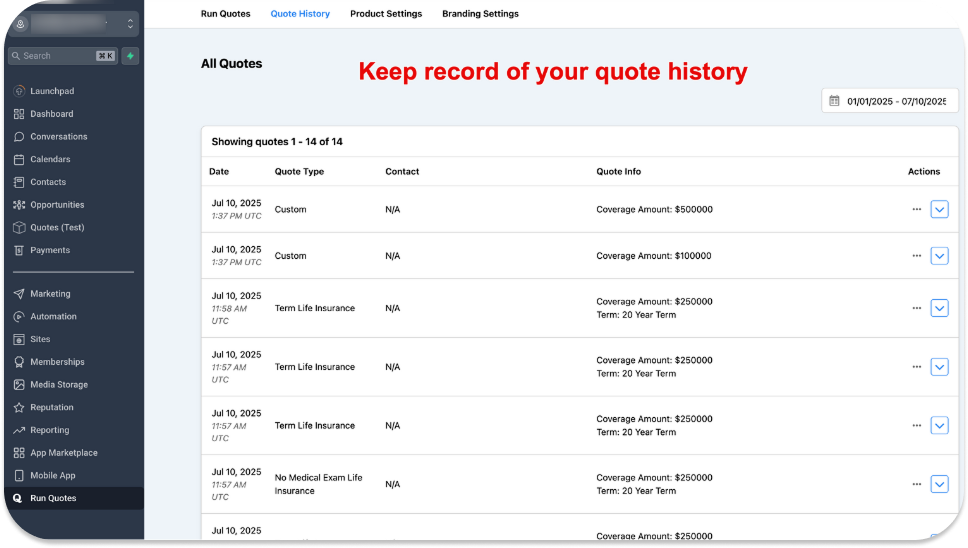Quote history saved inside the GoHighLevel contact record.