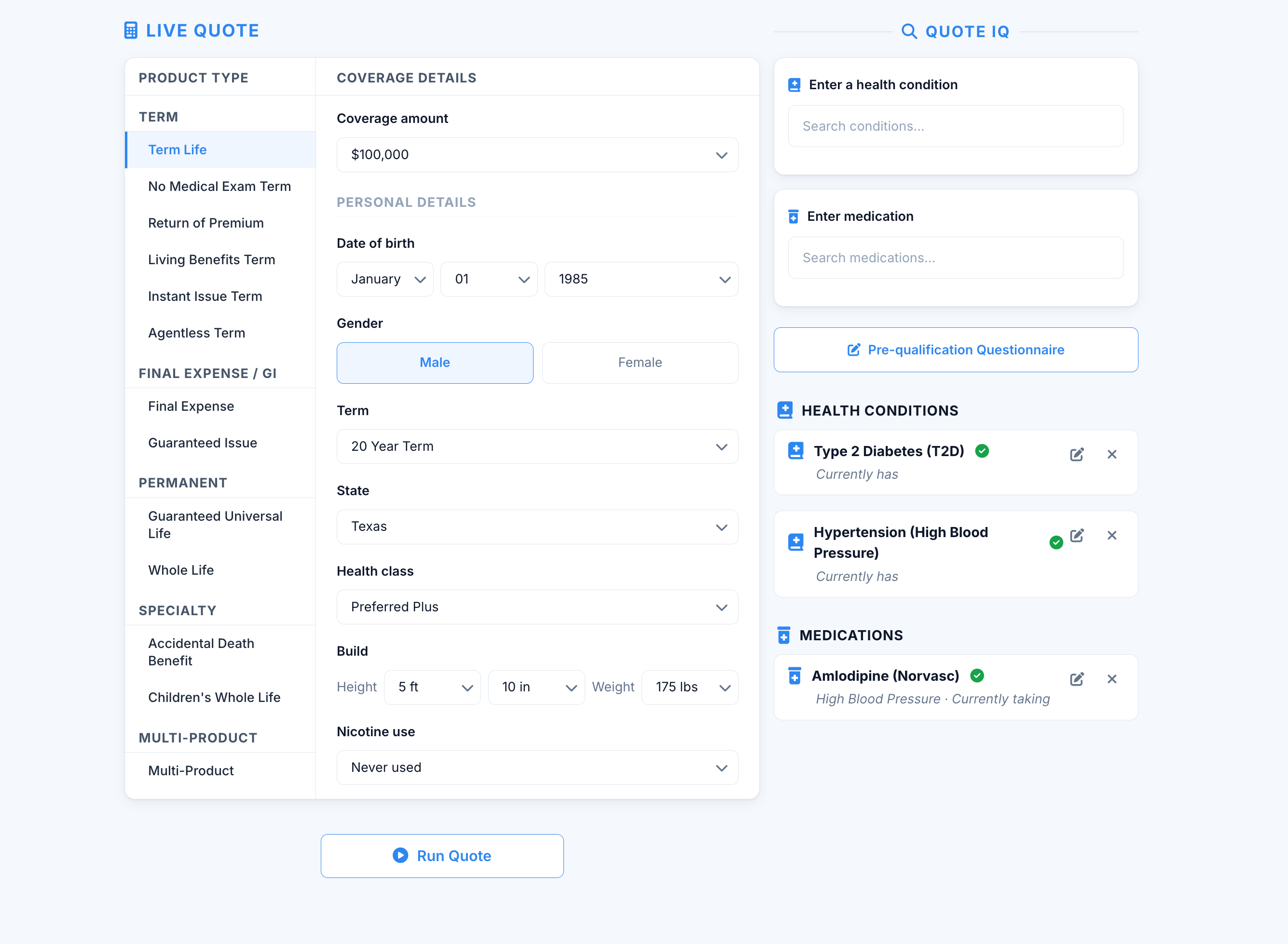 LiveQuote Agent Quoter form with full intake on the left (product type, coverage details, personal details) and the QuoteIQ panel on the right showing health conditions like Type 2 Diabetes and Hypertension and medications like Amlodipine.