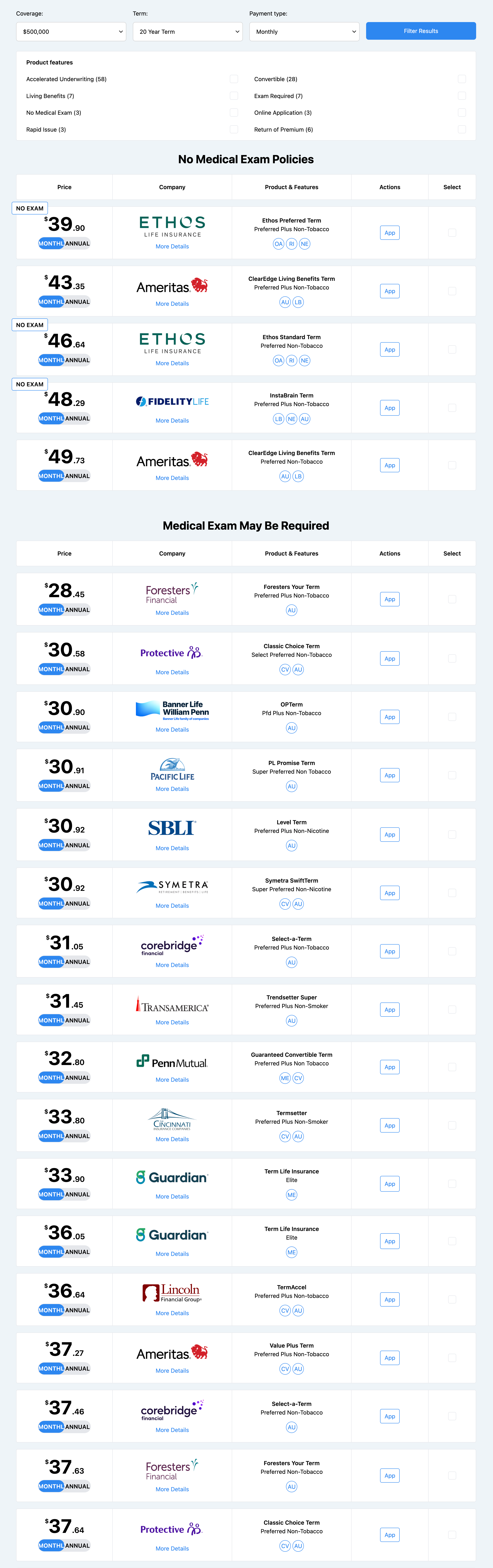 Agent Quoter results showing No Medical Exam Policies and Medical Exam May Be Required policies in two stacked tables, each with prices, carrier logos, product features, and an Apply button.