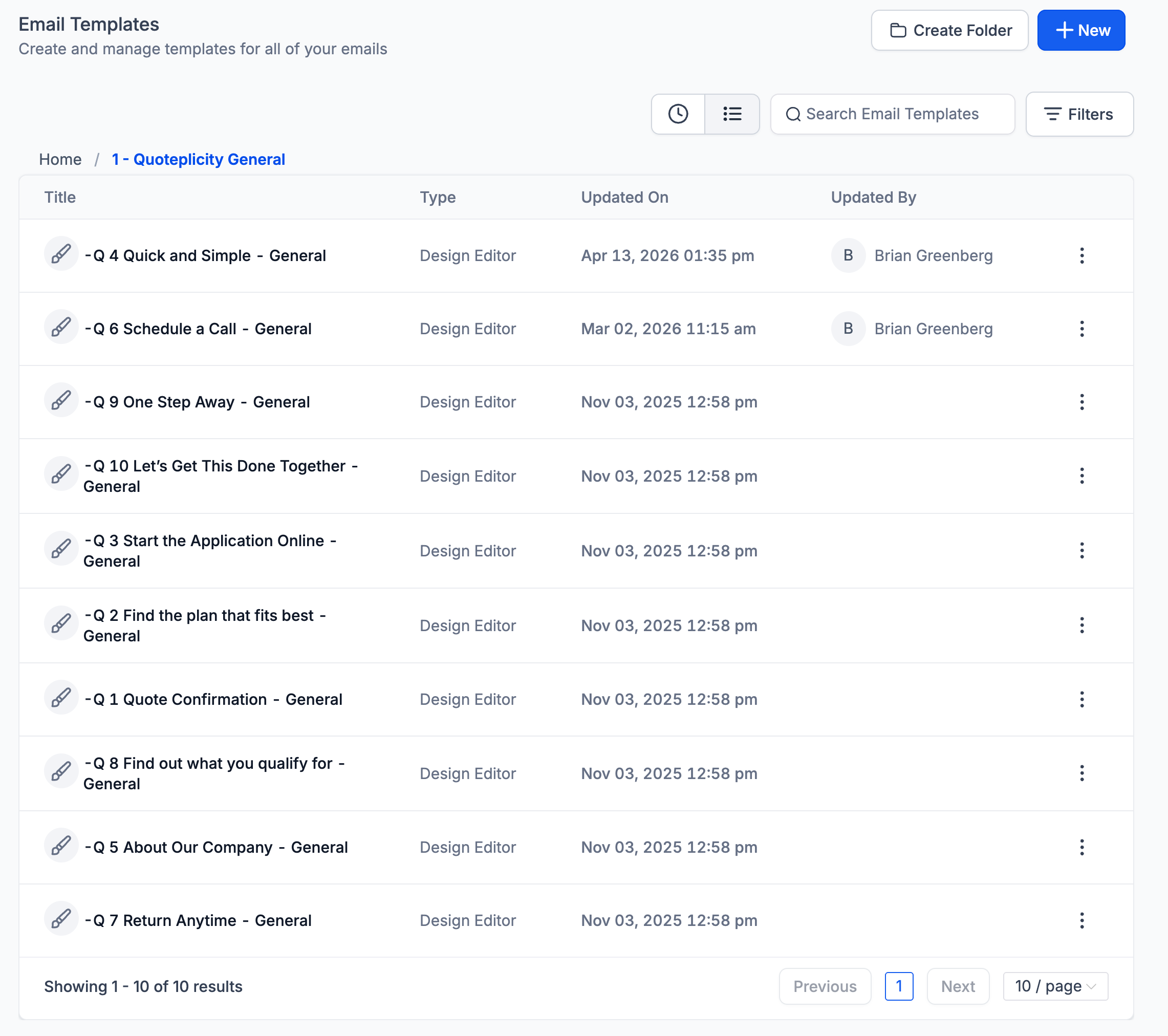 Quoteplicity email templates list showing ten pre-built insurance email templates including Quote Confirmation, Find the plan that fits best, Start the Application Online, Schedule a Call, and others.
