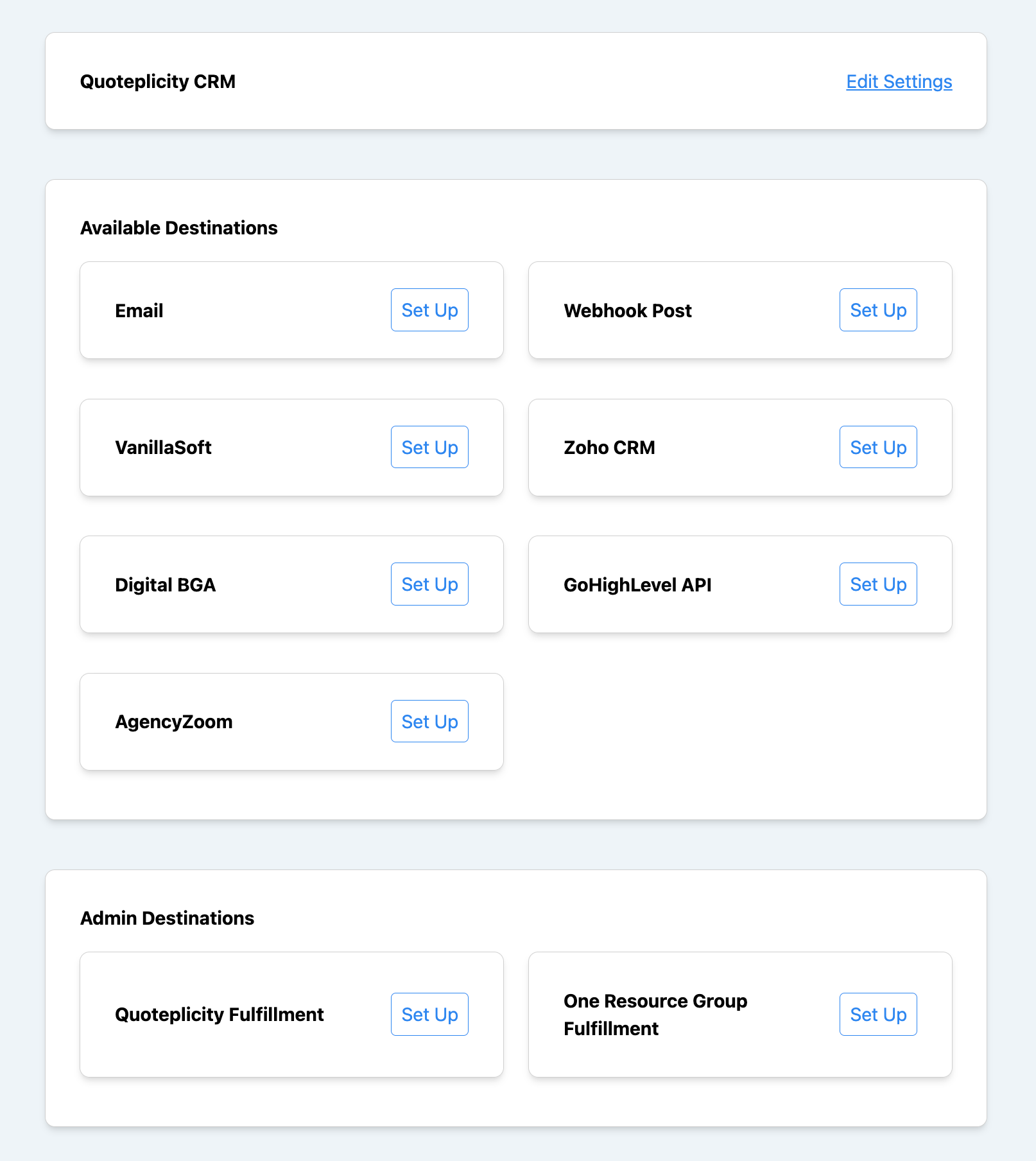 Nexus available destinations panel listing Email, Webhook Post, VanillaSoft, Zoho CRM, Digital BGA, GoHighLevel API, and AgencyZoom.