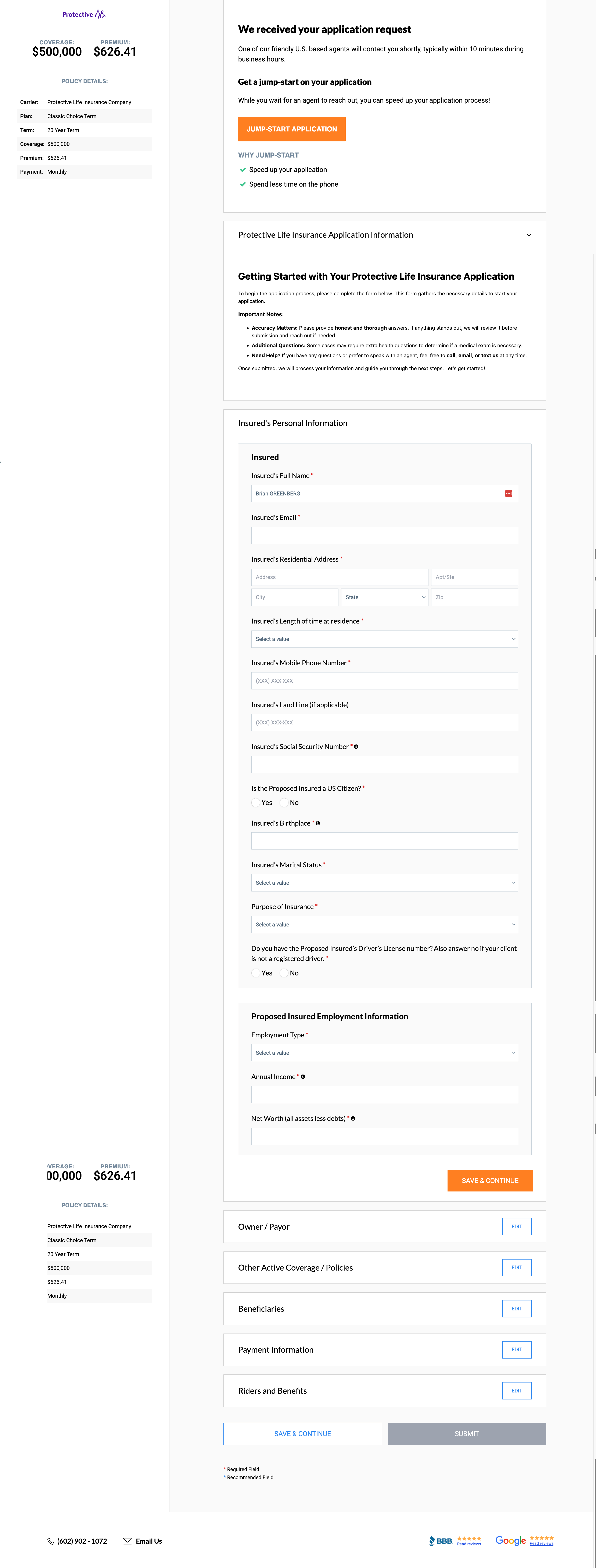 Corebridge Financial application questionnaire showing beneficiaries, contact, occupation, and financial sections.