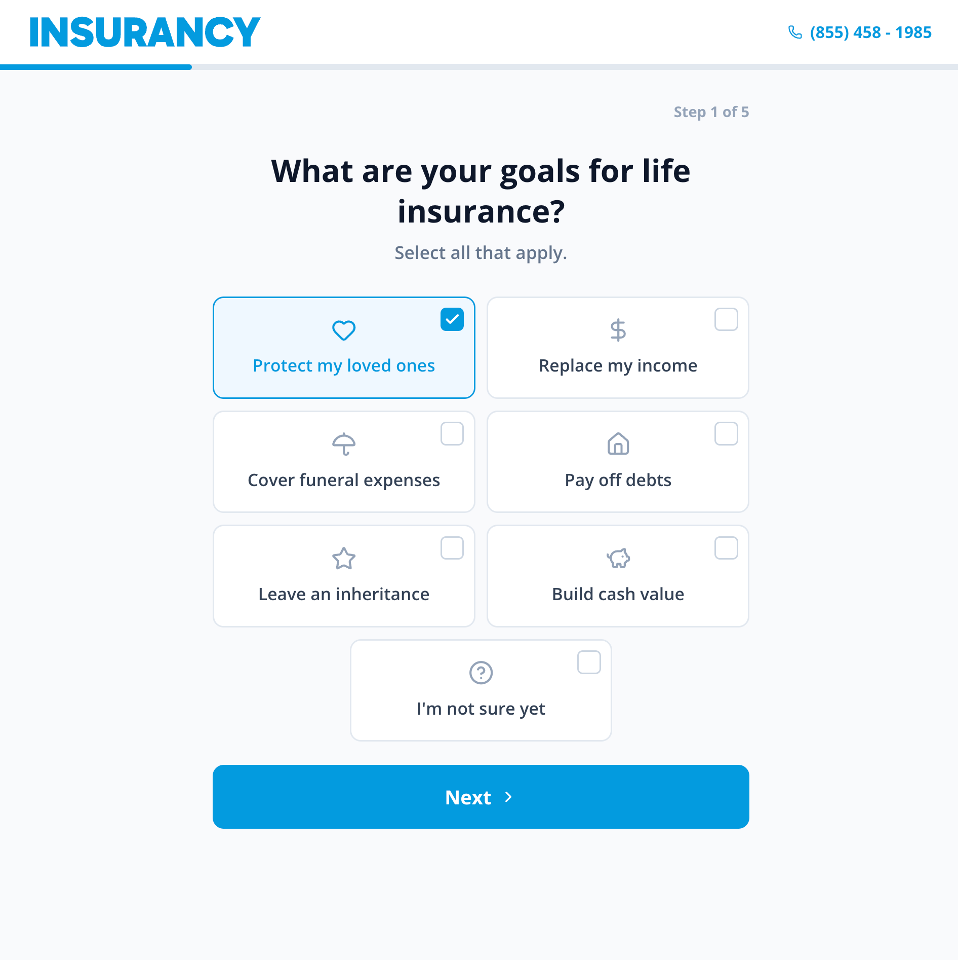 Assessment-style Signal landing page guiding a prospect through life insurance goal discovery.